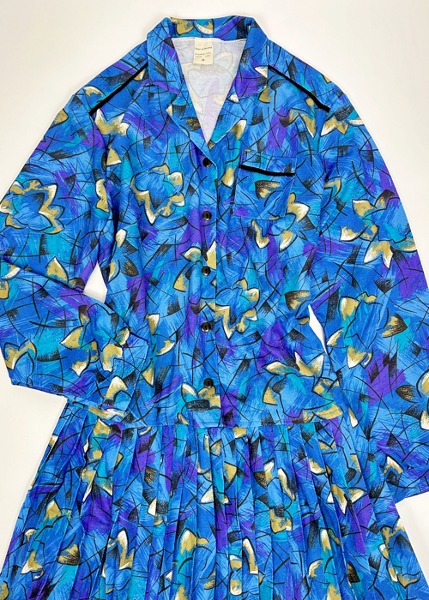 (france)80s blue drop waist pleated dress