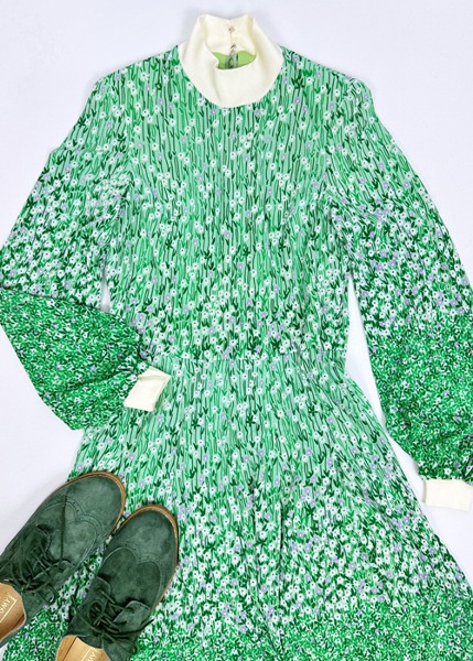 (japan)70s green floral dress